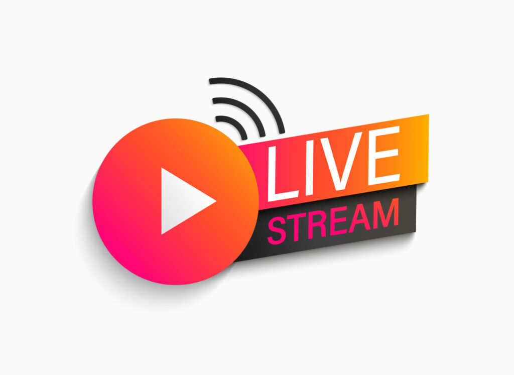 Live stream symbol, icon with play button. Emblem for broadcasting, online tv, sport, news and radio streaming. Template for shows, movies and live performances. Vector illustration.